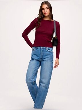 Nuuds Slinky Jersey Boat Neck Long Sleeve Shirt Sz L Ruby Sculpting Top Festival